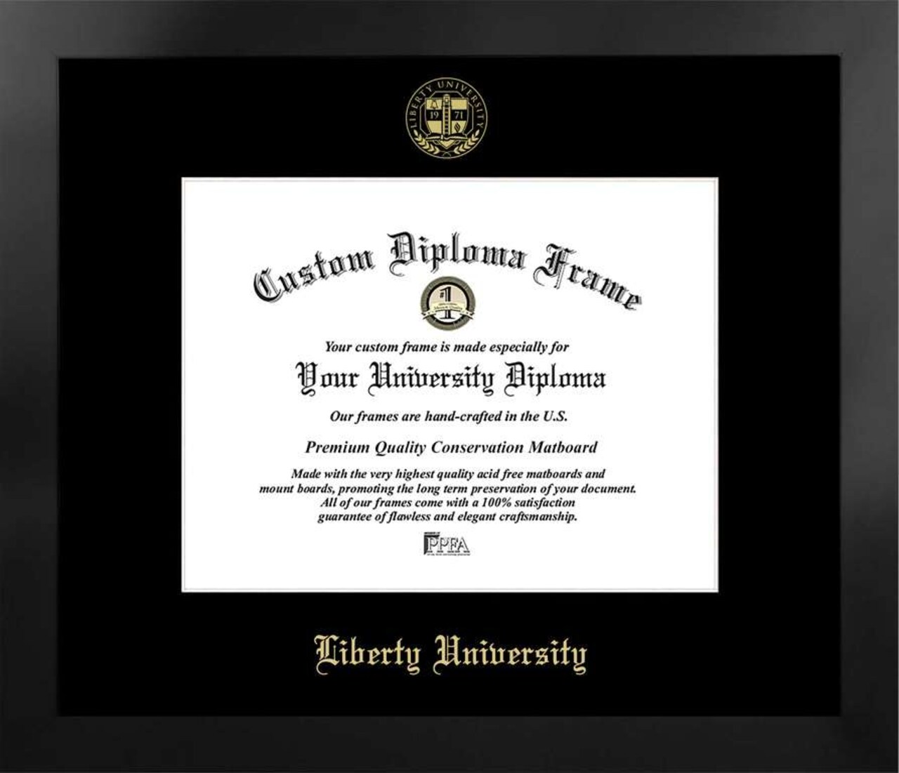 Liberty University 11w x 8.5h Manhattan Black Single Mat Gold Embossed Diploma Frame with Bonus Campus Images Lithograph (value savings at $59)